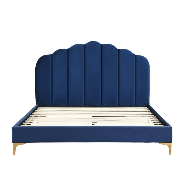 Bed Frame Mattress Base Platform Wooden Velevt Headboard Blue - Queen Image 2
