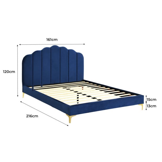 Bed Frame Mattress Base Platform Wooden Velevt Headboard Blue - Queen Image 3