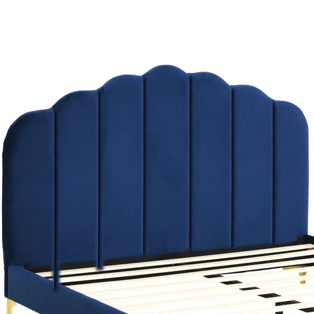 Bed Frame Mattress Base Platform Wooden Velevt Headboard Blue - Queen Image 6