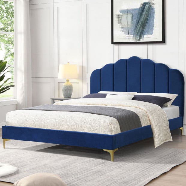 Bed Frame Mattress Base Platform Wooden Velevt Headboard Blue - Queen Image 7