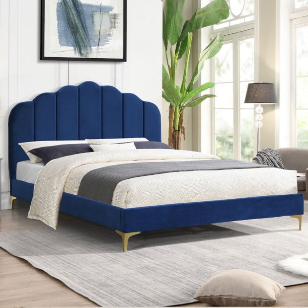 Bed Frame Mattress Base Platform Wooden Velevt Headboard Blue - Queen Image 8