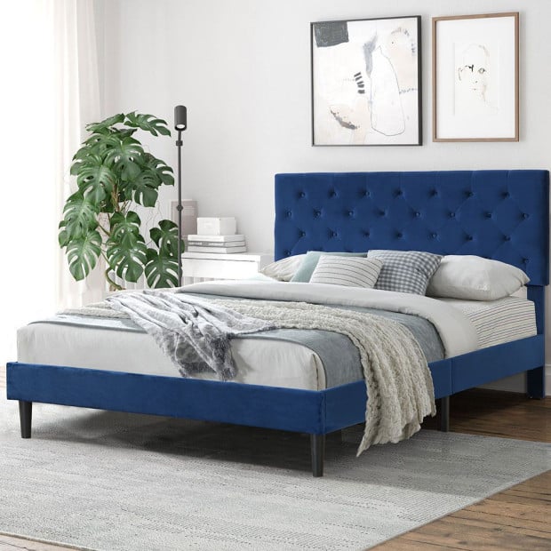 Queen Mattress Base Platform Wooden Velevt Headboard Bed Frame Image 7