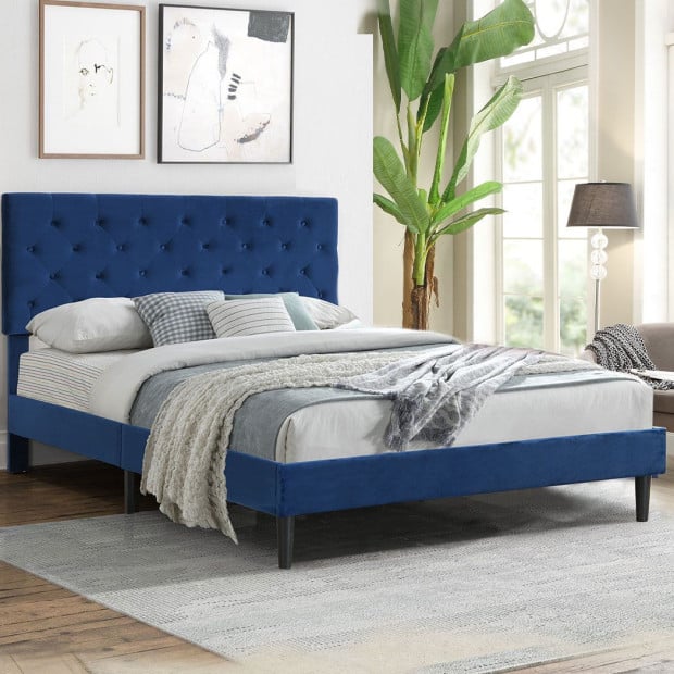 Queen Mattress Base Platform Wooden Velevt Headboard Bed Frame Image 8