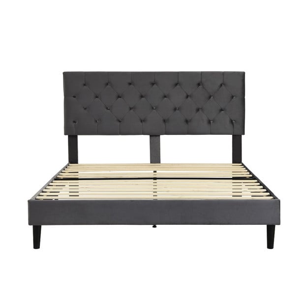Bed Frame Base Mattress Platform Wooden Velevt Headboard Queen Grey Image 2