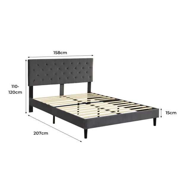 Bed Frame Base Mattress Platform Wooden Velevt Headboard Queen Grey Image 3