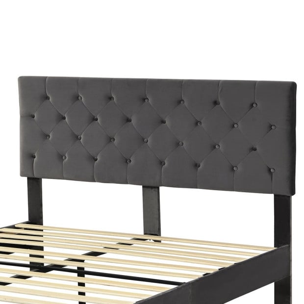 Bed Frame Base Mattress Platform Wooden Velevt Headboard Queen Grey Image 4