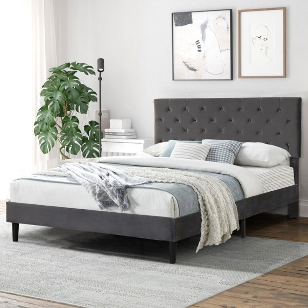 Bed Frame Base Mattress Platform Wooden Velevt Headboard Queen Grey Image 7