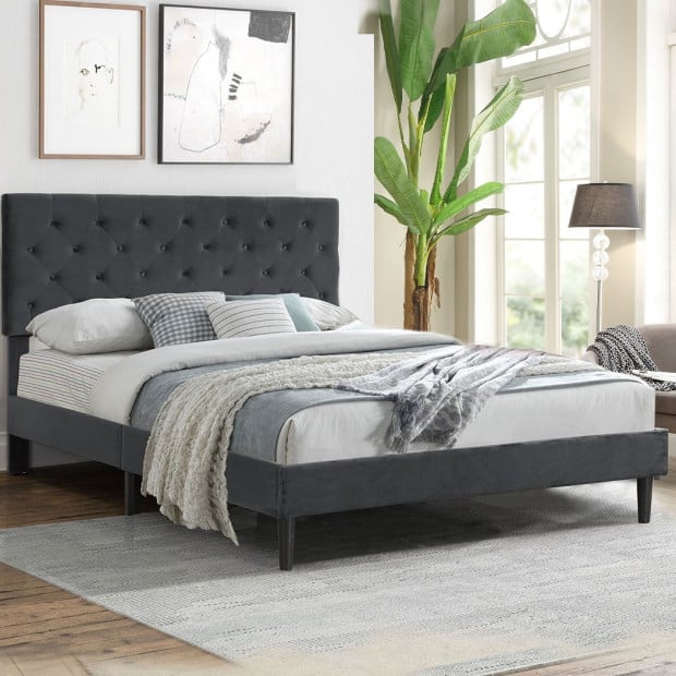 Bed Frame Base Mattress Platform Wooden Velevt Headboard Queen Grey Image 8