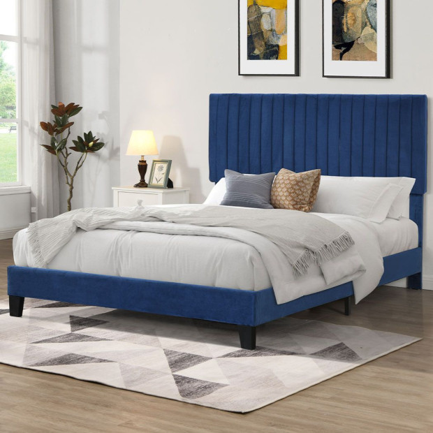 Bed Frame Queen Size Mattress Base Platform Wooden Headboard Blue Image 7