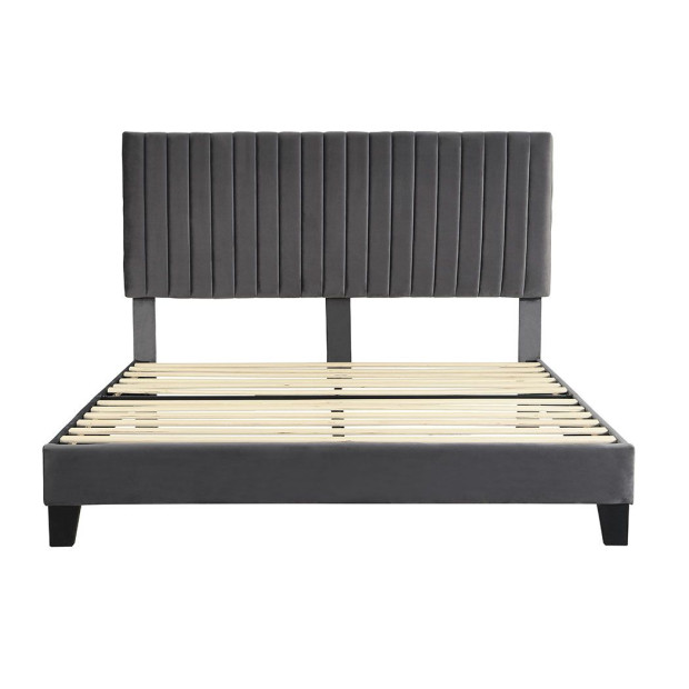 Bed Frame Queen Mattress Platform Base Wooden Velevt Headboard Grey Image 2
