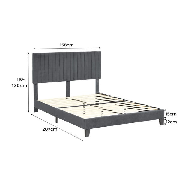 Bed Frame Queen Mattress Platform Base Wooden Velevt Headboard Grey Image 3