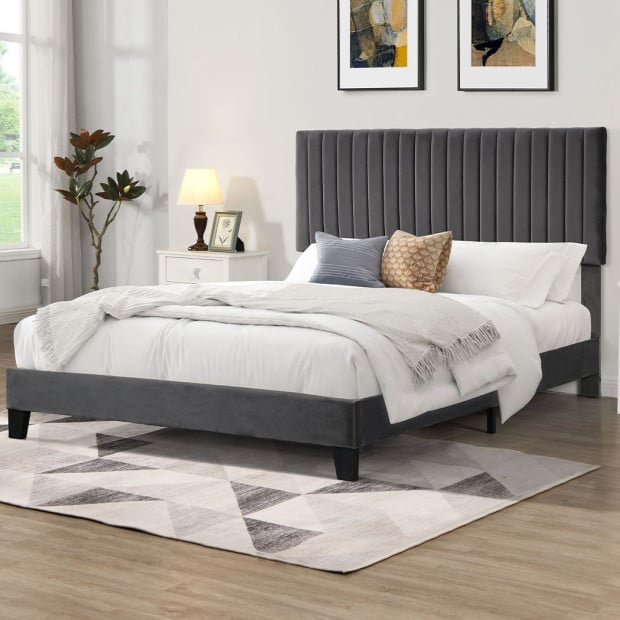 Bed Frame Queen Mattress Platform Base Wooden Velevt Headboard Grey Image 7