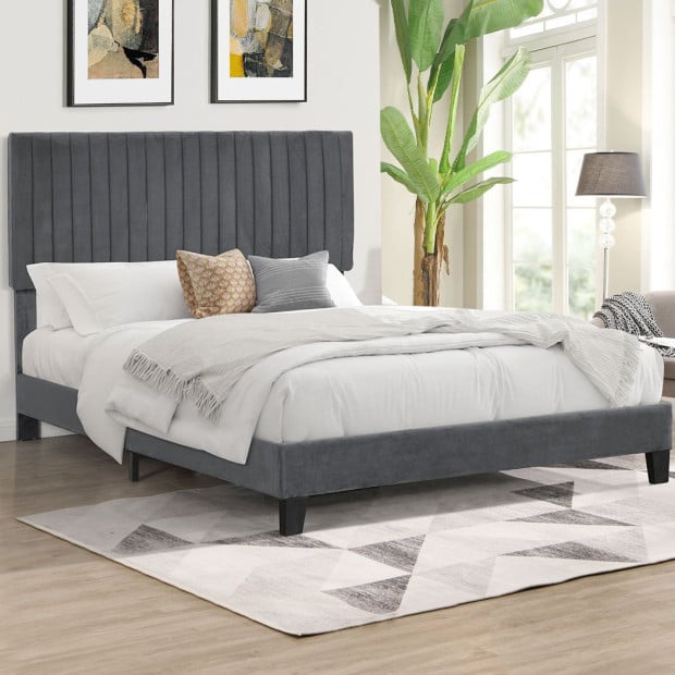 Bed Frame Queen Mattress Platform Base Wooden Velevt Headboard Grey Image 8