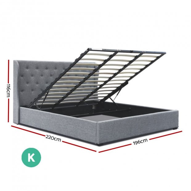 King Size Gas Lift Bed Frame Base Storage Grey Fabric Wooden Image 2