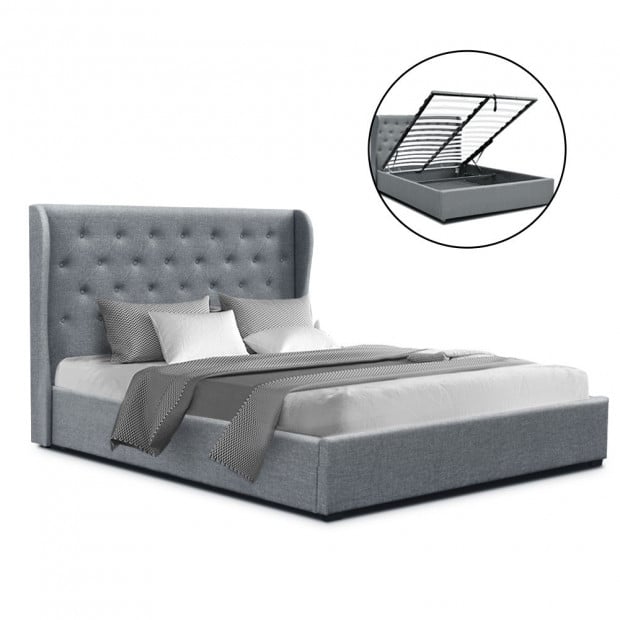 Queen Size Gas Lift Bed Frame Base With Storage Grey Fabric Wooden