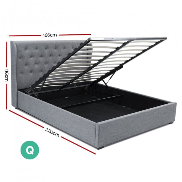 Queen Size Gas Lift Bed Frame Base With Storage Grey Fabric Wooden Image 2