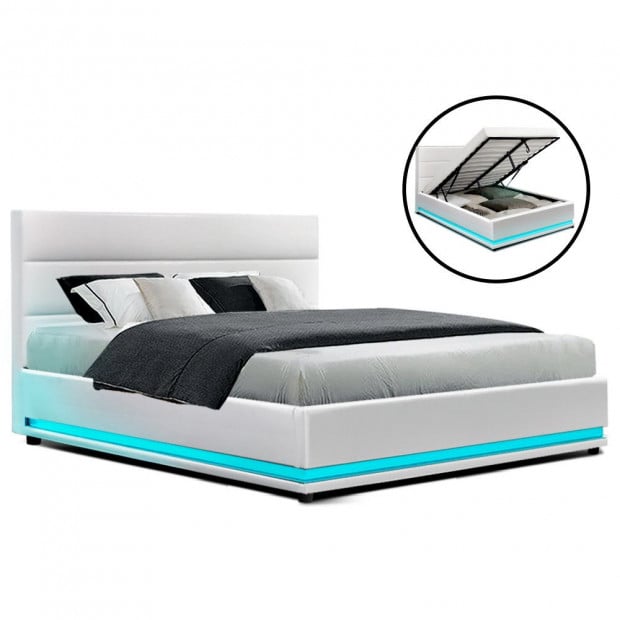RGB LED Bed Frame Double Full Size Gas Lift Base Storage White Leather