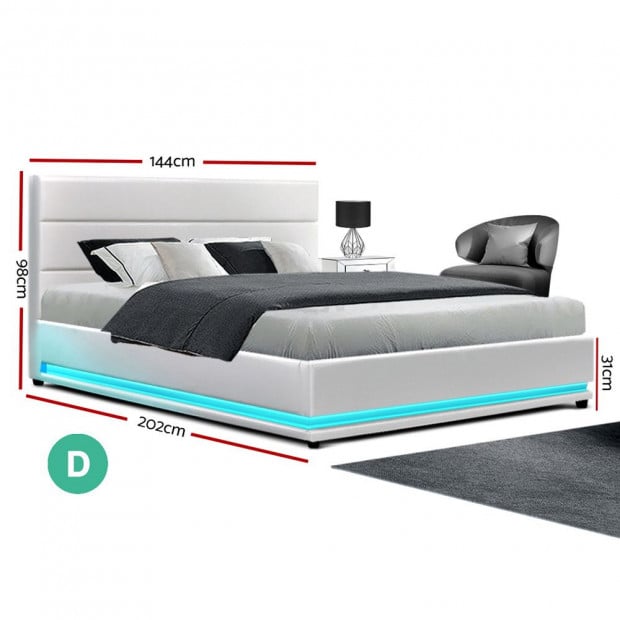 RGB LED Bed Frame Double Full Size Gas Lift Base Storage White Leather Image 2