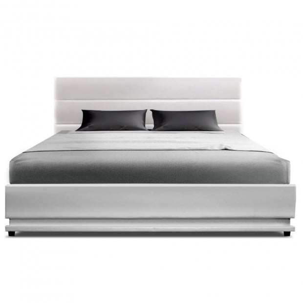 RGB LED Bed Frame Double Full Size Gas Lift Base Storage White Leather Image 3
