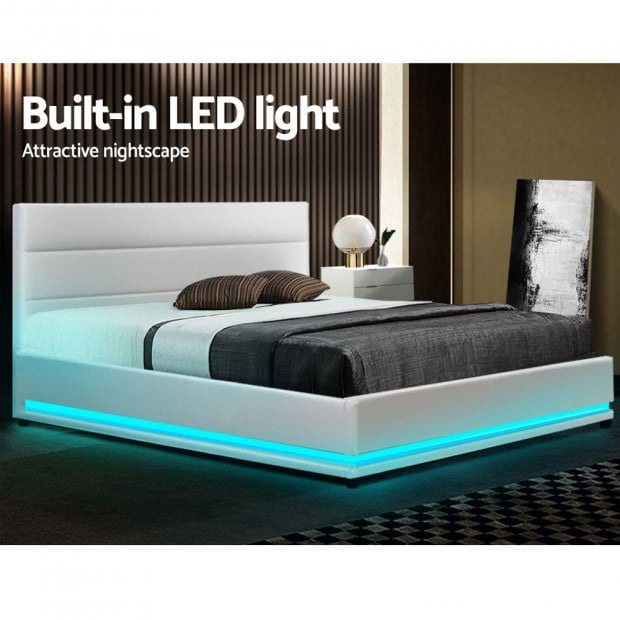RGB LED Bed Frame Double Full Size Gas Lift Base Storage White Leather Image 4