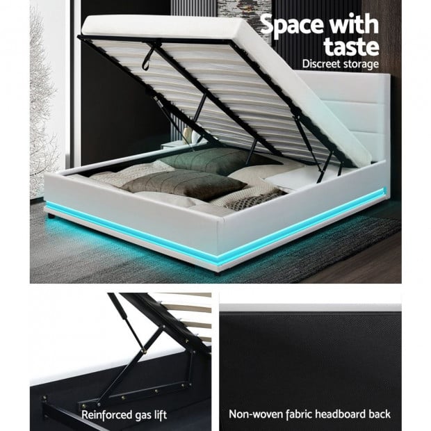 RGB LED Bed Frame Double Full Size Gas Lift Base Storage White Leather Image 6