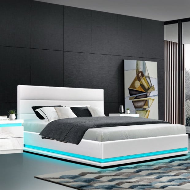 RGB LED Bed Frame Double Full Size Gas Lift Base Storage White Leather Image 7