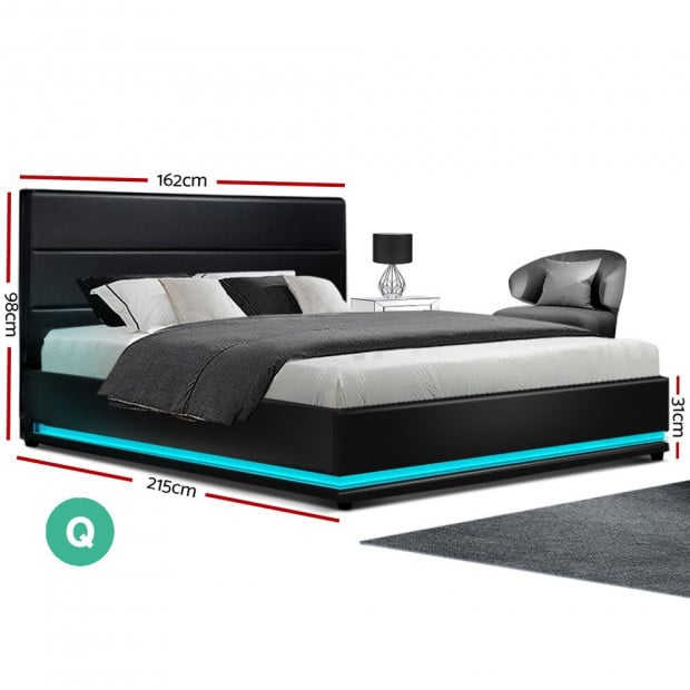 RGB LED Bed Frame Queen Size Gas Lift Base Storage Black Leather LUMI Image 2