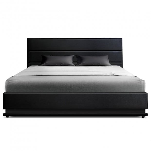 RGB LED Bed Frame Queen Size Gas Lift Base Storage Black Leather LUMI Image 3
