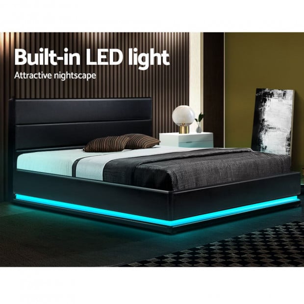 RGB LED Bed Frame Queen Size Gas Lift Base Storage Black Leather LUMI Image 4