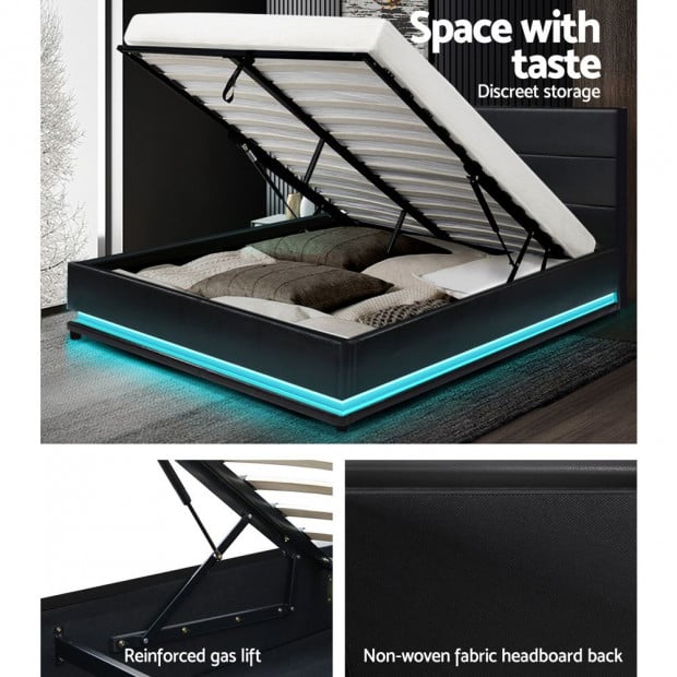 RGB LED Bed Frame Queen Size Gas Lift Base Storage Black Leather LUMI Image 6
