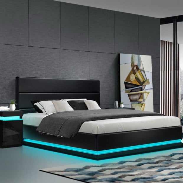 RGB LED Bed Frame Queen Size Gas Lift Base Storage Black Leather LUMI Image 7