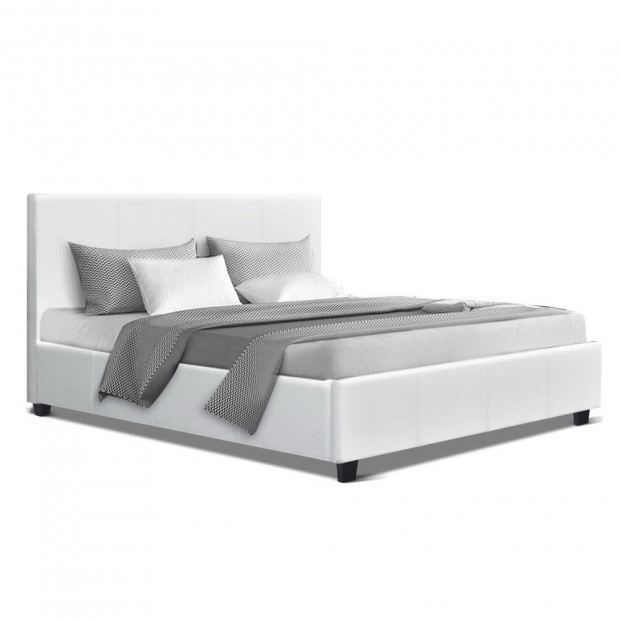 Double Full Size Bed Frame Mattress Platform White Leather Wooden NEO
