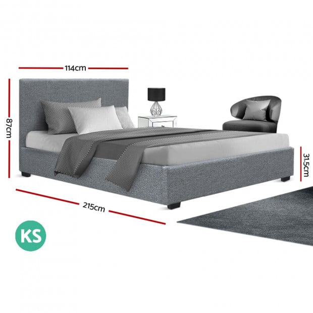 King Single Size Gas Lift Bed Frame Base Storage Grey Fabric NINO Image 2