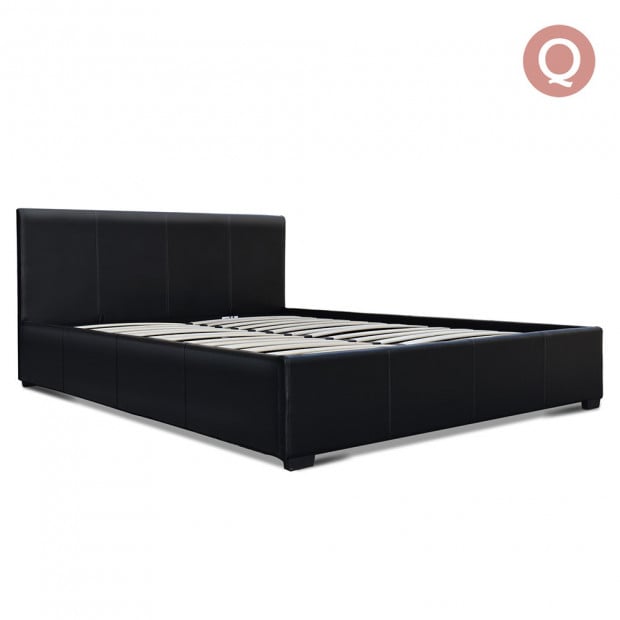 Queen Size PU Leather and Wood Bed Frame Headborad - Black Image 1