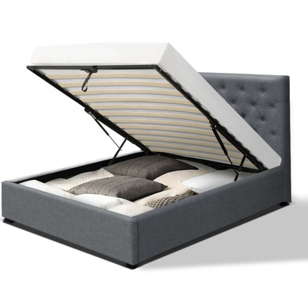 VILA King Single Size Gas Lift Bed Frame With Storage Mattress Grey Image 3