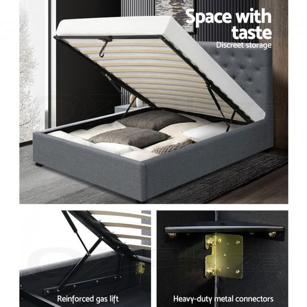 VILA King Single Size Gas Lift Bed Frame With Storage Mattress Grey Image 5