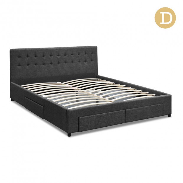 Double Size Fabric Bed Frame Headboard with Drawers - Charcoal Image 1