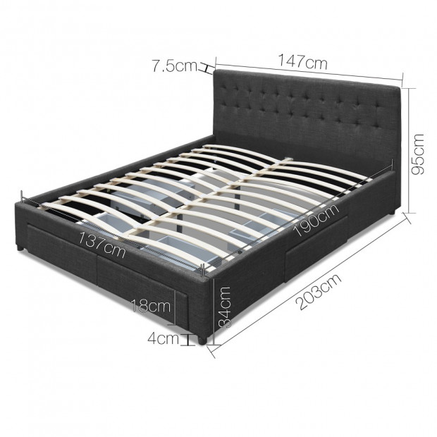 Double Size Fabric Bed Frame Headboard with Drawers - Charcoal Image 1