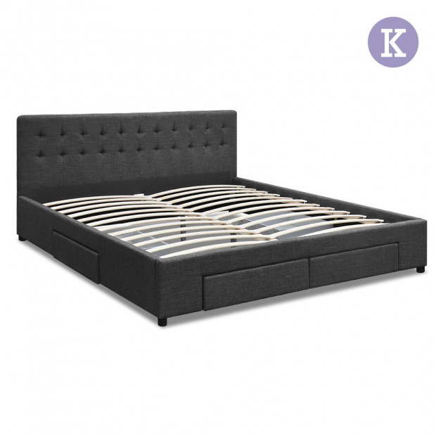 King Size Fabric Bed Frame Headboard with Drawers Charcoal