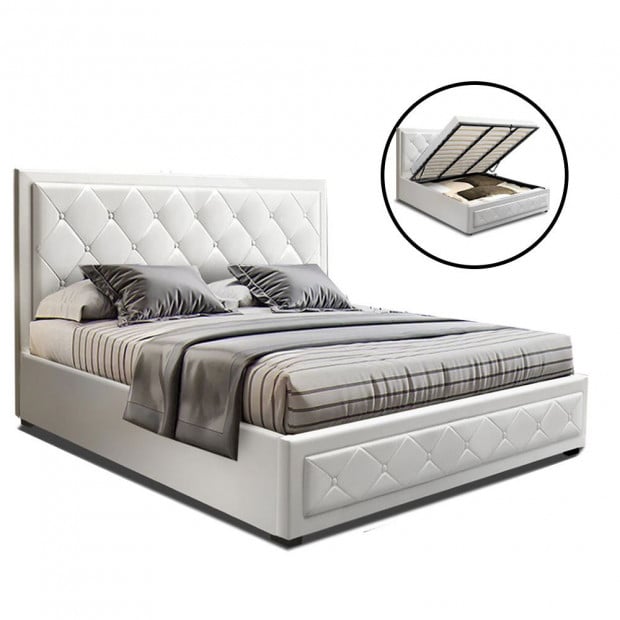 TIYO Double Full Size Gas Lift Bed Frame With Storage Mattress White