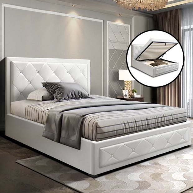 TIYO King Single Size Gas Lift Bed Frame With Storage Mattress White Image 7