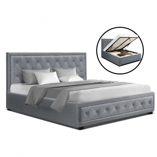 Queen Size Gas Lift Bed Frame Base With Storage Mattress Grey Fabric