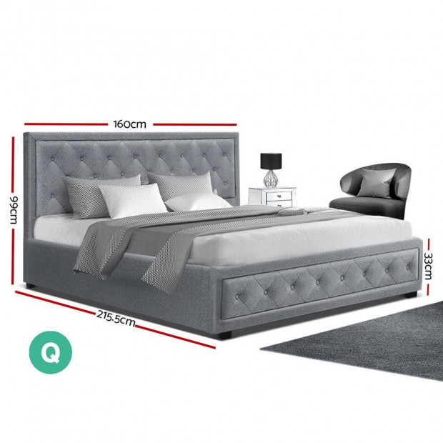 Queen Size Gas Lift Bed Frame Base With Storage Mattress Grey Fabric