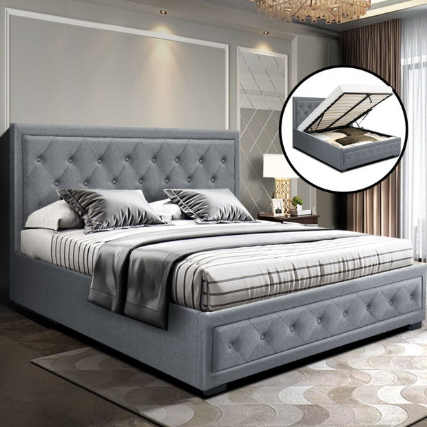Queen Size Gas Lift Bed Frame Base With Storage Mattress Grey Fabric
