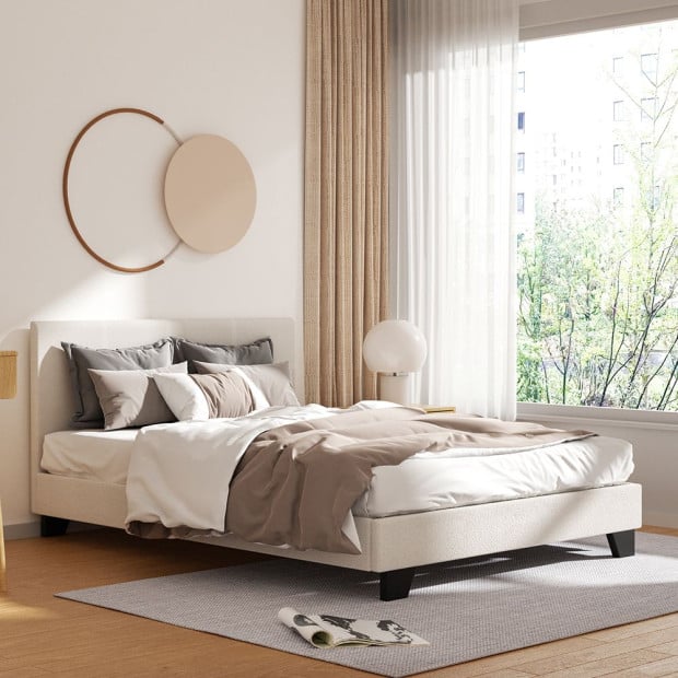 Bed Frame Double Size Boucle Fabric Mattress Base Platform Wooden Image 8