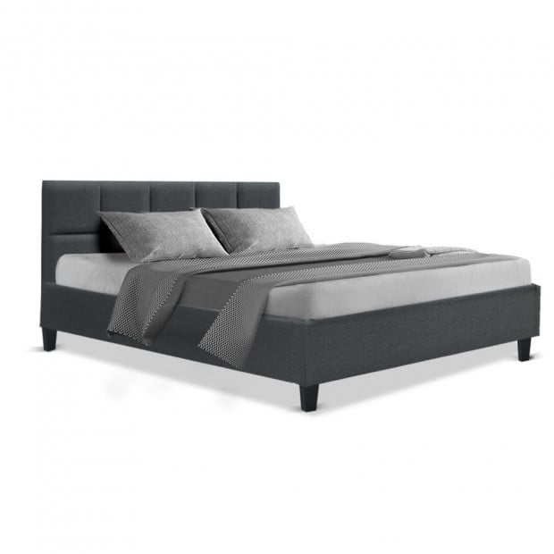 Bed Frame Queen Size Mattress Platform Fabric Wooden Charcoal TINO