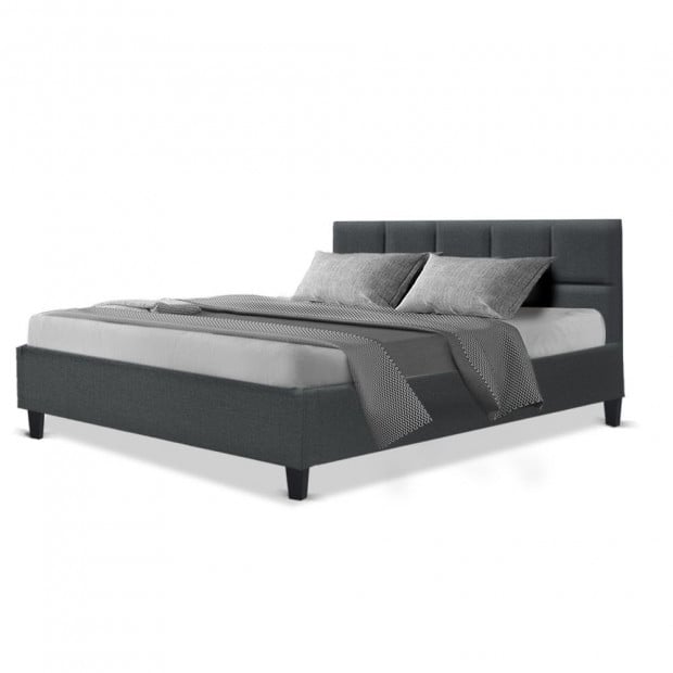 Bed Frame Queen Size Mattress Platform Fabric Wooden Charcoal TINO Image 3