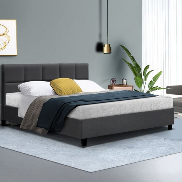 Bed Frame Queen Size Mattress Platform Fabric Wooden Charcoal TINO Image 7