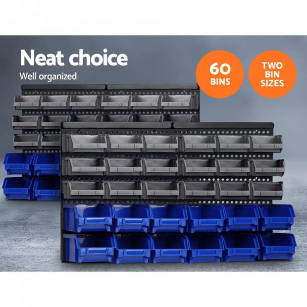 60 Bin Wall Mounted Rack Storage Tools Organiser Shed Work Bench Image 4