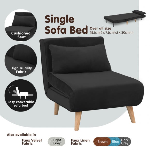 Siena Faux Velvet Single Sofa Bed Chair by Sarantino - Black Image 2